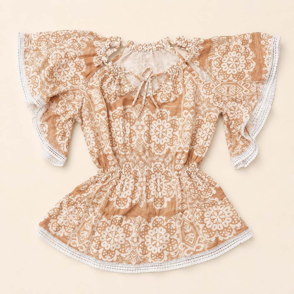 Y2K Boho Coquette Floral Lace Flutter Sleeve Peasant Top - Picture 2 of 8